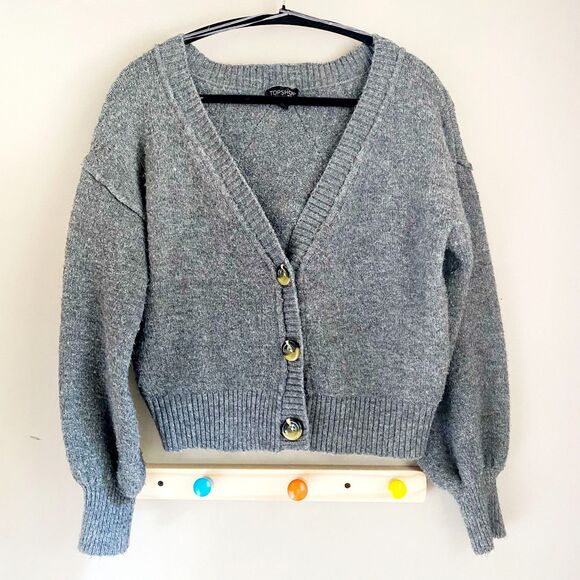 Topshop Gray Balloon Sleeve Horn Button Down Cardigan Sweater - Picture 1 of 10